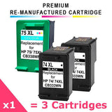 Ausjet remanufactured 3-Set Ink Cartridge alt. for HP 74XL + 75XL