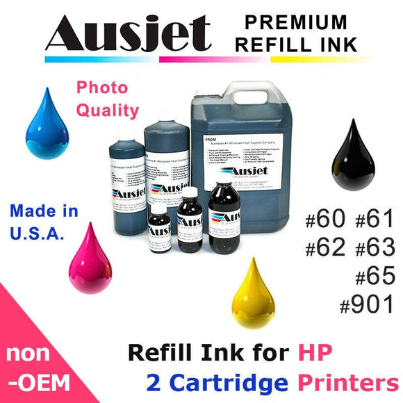 Ausjet Refill or CISS Ink for HP 60,61,62,63,65, #901 Deskjet, Officejet, Envy