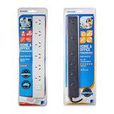Jackson 6-outlet power-board, 1m lead, switch or spaced sockets, surge protected