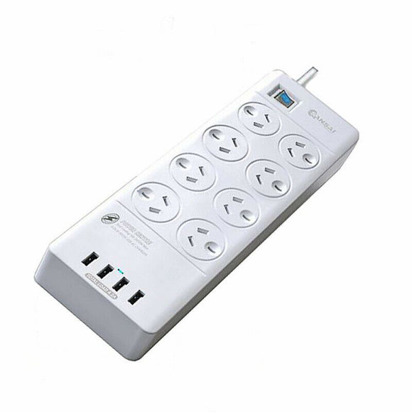 Sansai 8-way 4-USB Powerboard 1m lead, surge & overload protected, main switch